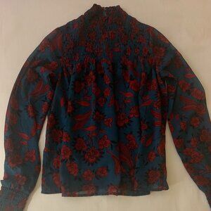 Abercrombie & Fitch A&F Sheer Floral Mock Neck Shirred Long Sleeve Pesant Blouse